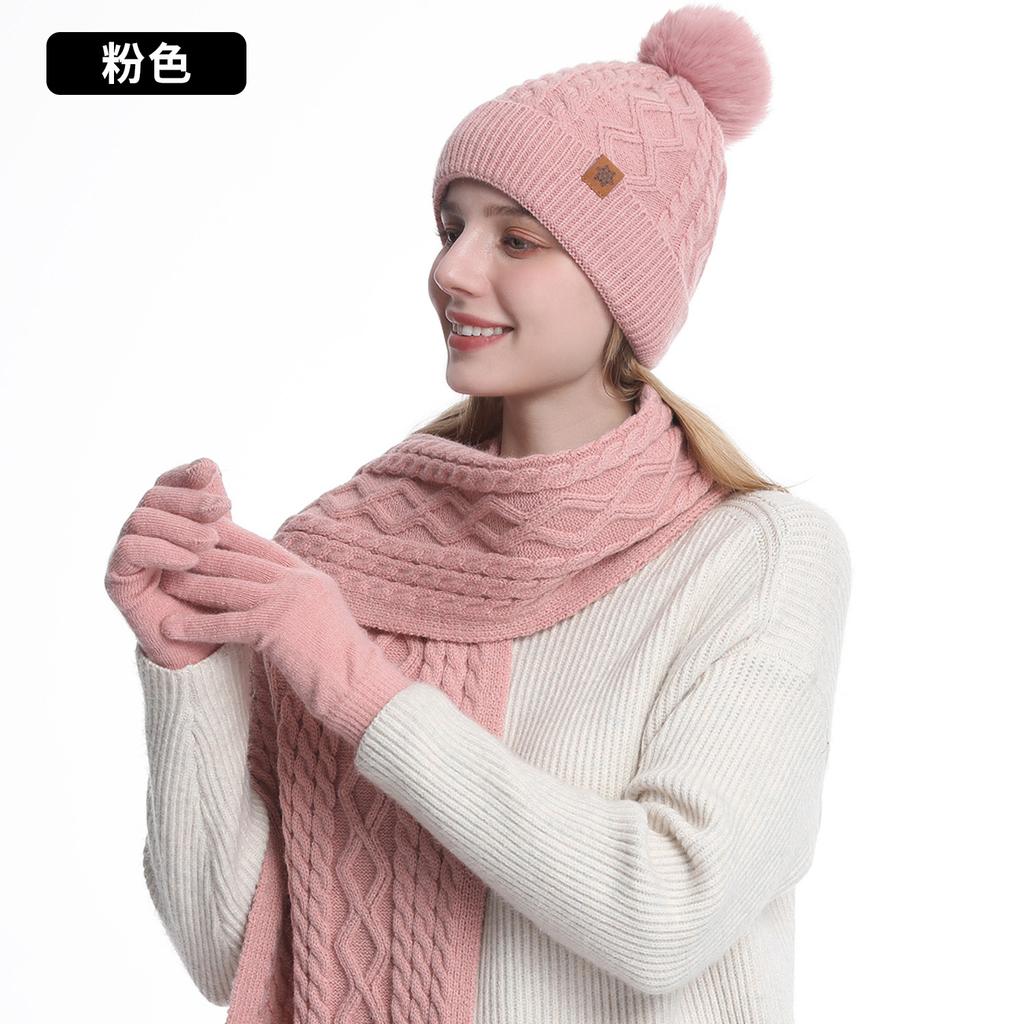 Knitted hat, scarf, gloves, three-piece set, women's winter velvet, warm outdoor riding, ear protection, wool, knitted hat