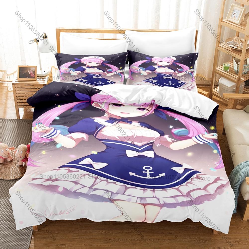 Kawaii Minato Aqua Anchor Logo Graphic Bedding Set Duvet Cover With 2 Pillowcases Teen Room Decor All Season Gift