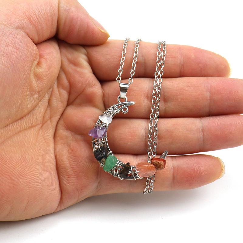 Vintage Handmade Colorful Beaded Gravel Crystal Amethyst Moon Pendant Necklace N551