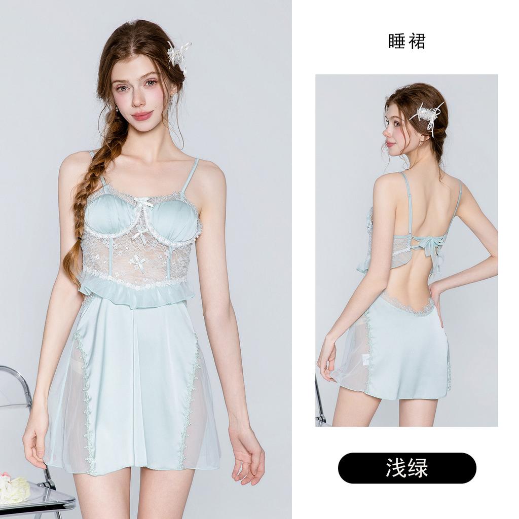 Women's Palace Style Satin Lace Sheer Padded Backless Cami Sleep Dress with Robe Set