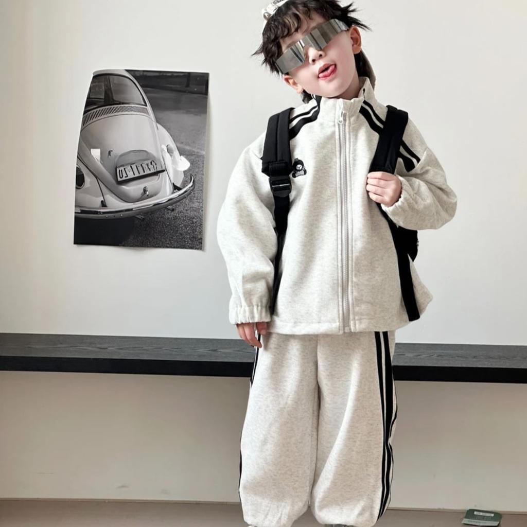 Spring Korean - style Children's Casual Cartoon - embroidered Striped Versatile Trendy Sports Sweatshirt Set