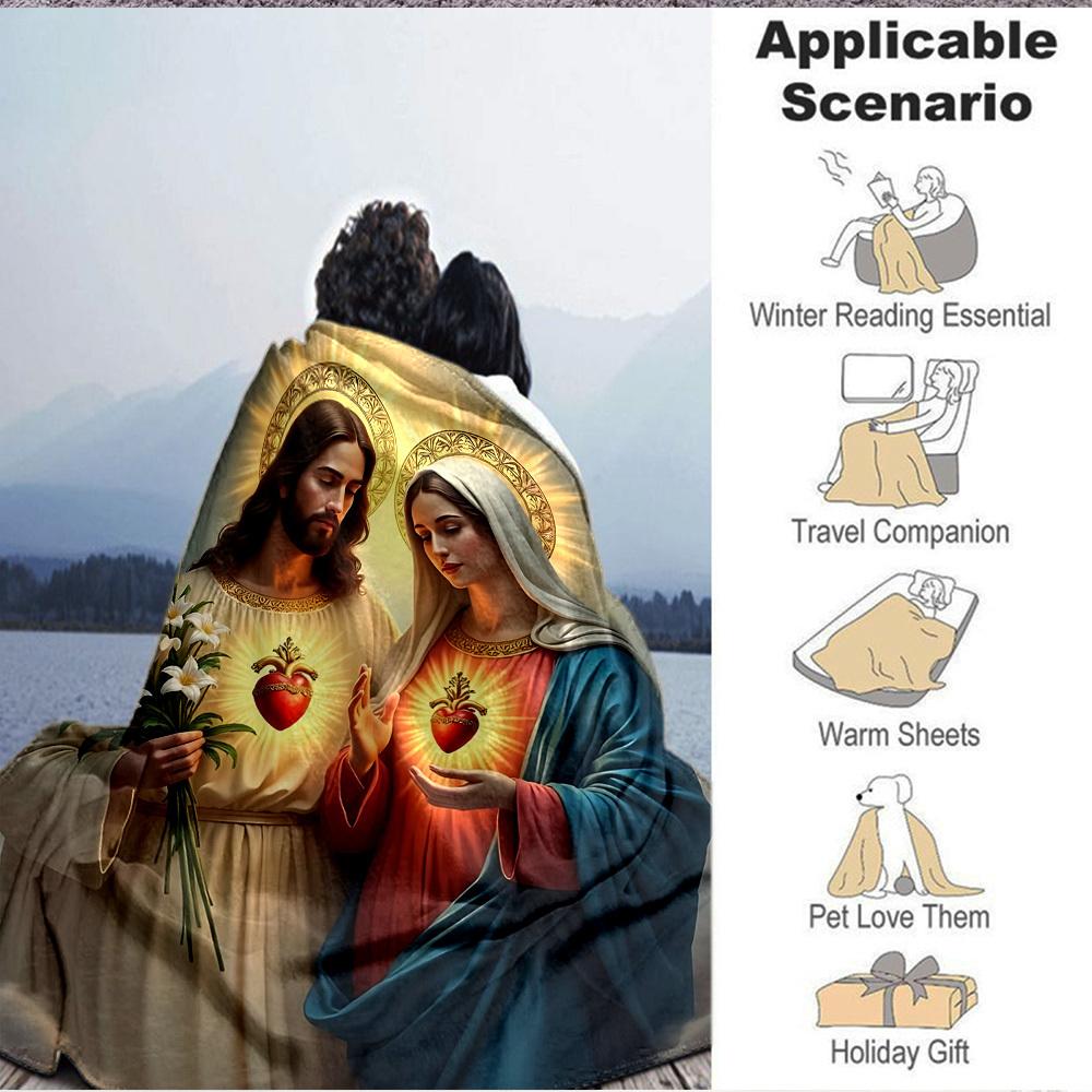 1pc Sacred Hearts Iconography Blanket, Lightweight Flannel Throw For Sofa, Bed, Travel, Camping, Livingroom, Office, Couch, Chair, And Bed,