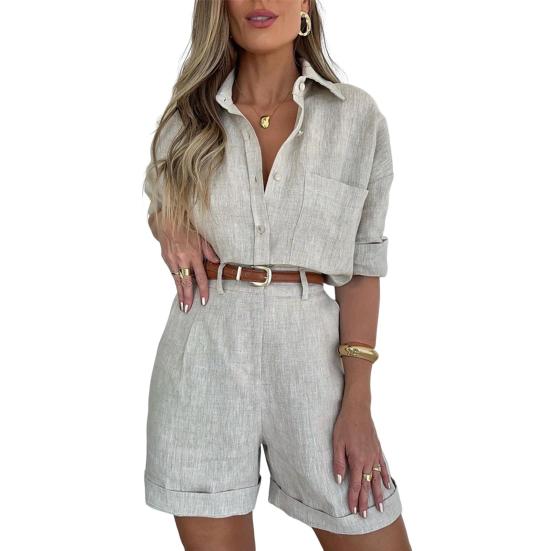 

2 Pcs/Set Women Shirt Shorts Set with Belt Solid Color Long Sleeves Chest XL світло-сірого кольору