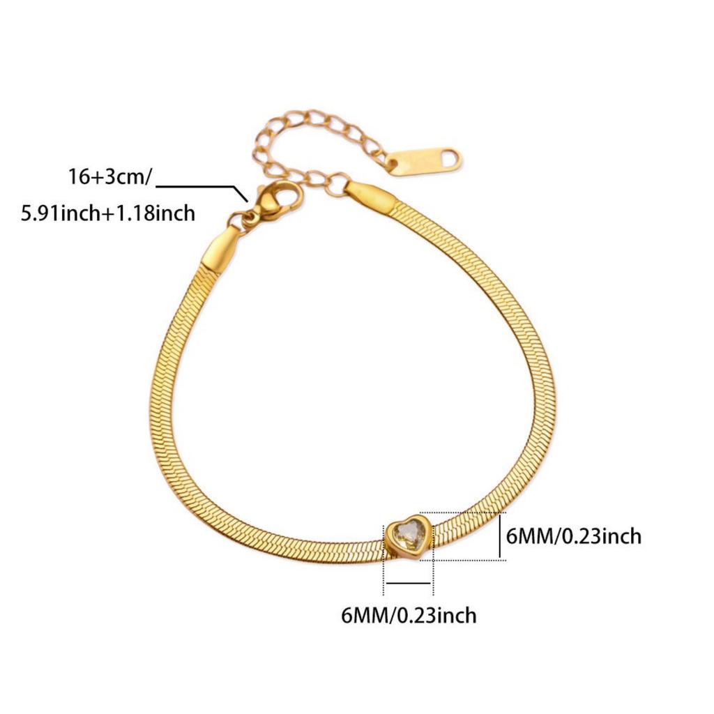 Flat Snake Chain Bracelets 18K Gold Plated 304 Stainless Steel & Rhinestone Women's Birthstone Stylish Gift Jewelry 16cm Long