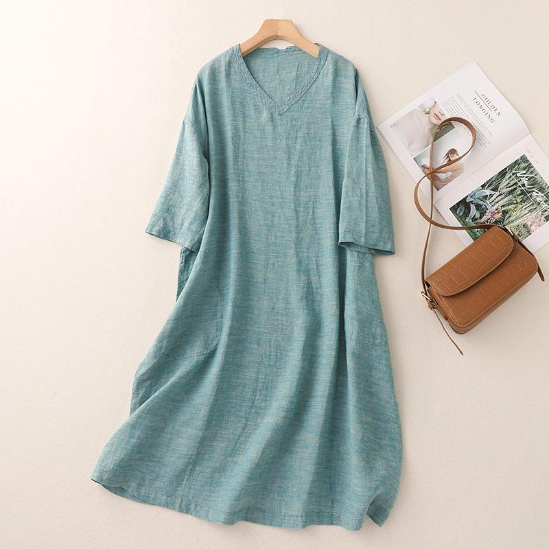 2026 Women s V-Neck Summer Cotton Linen Dress Extra Large