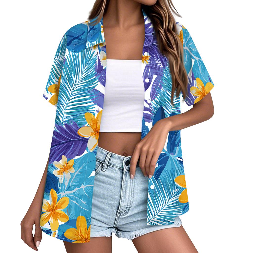 Women's fashionable casual Hawaiian print short-sleeved button-down collar shirt top