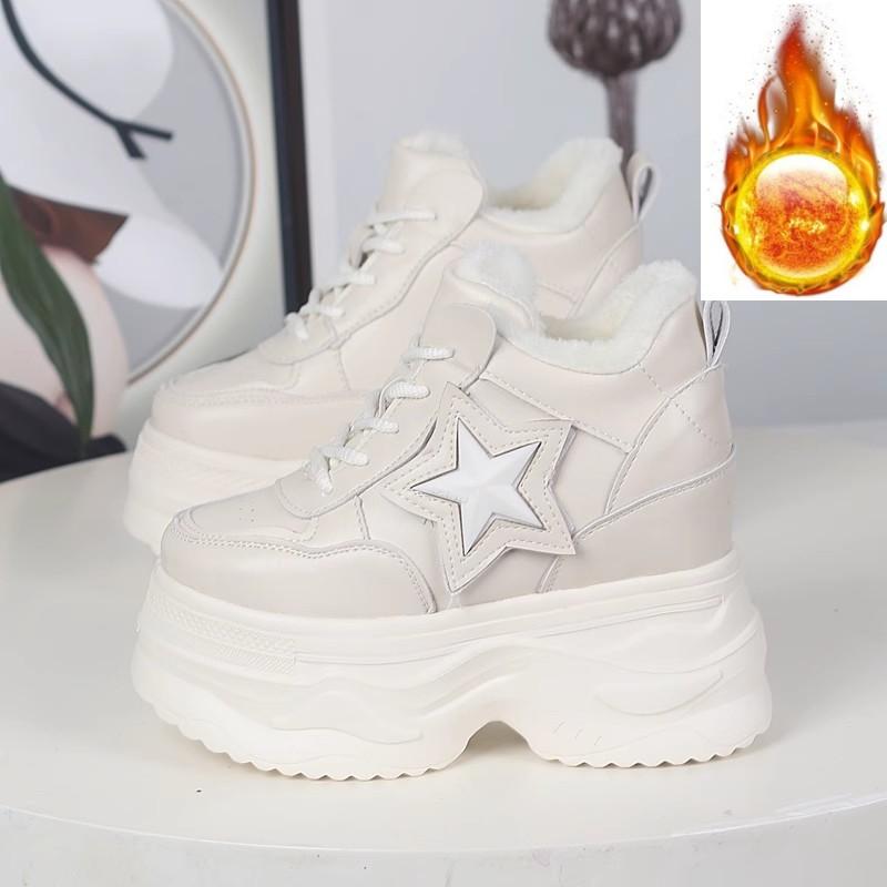 Fashion 12CM Cow Genuine Leather Winter Boots Autumn Fashion Platform Chimney Ankle Booties Moccasins Women Chunky Sneakers Shoes