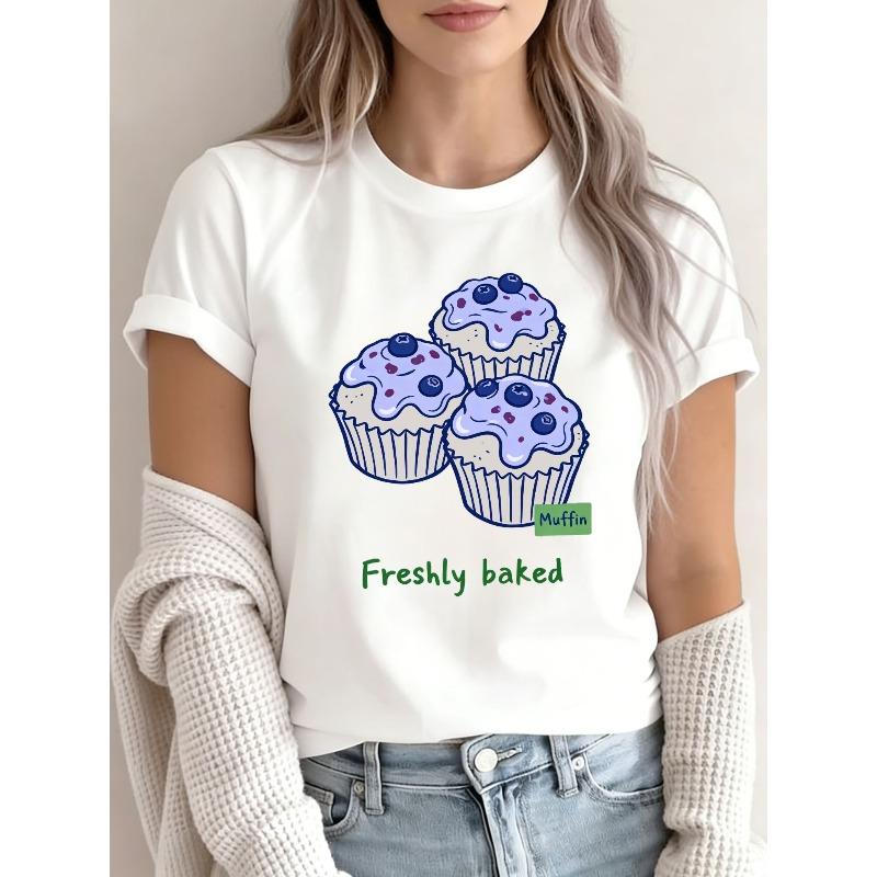 

Cartoon Blueberry Muffin Freshly Baked Print Women s Crew Neck Casual Daily Tee S