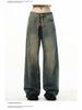 Autumn American Trend: Men's Loose Retro Yellow Mud-Dyed Straight Jeans, Washed & Distressed Wide-Leg Style