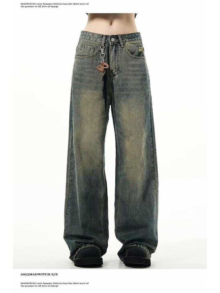 Autumn American Trend: Men's Loose Retro Yellow Mud-Dyed Straight Jeans, Washed & Distressed Wide-Leg Style