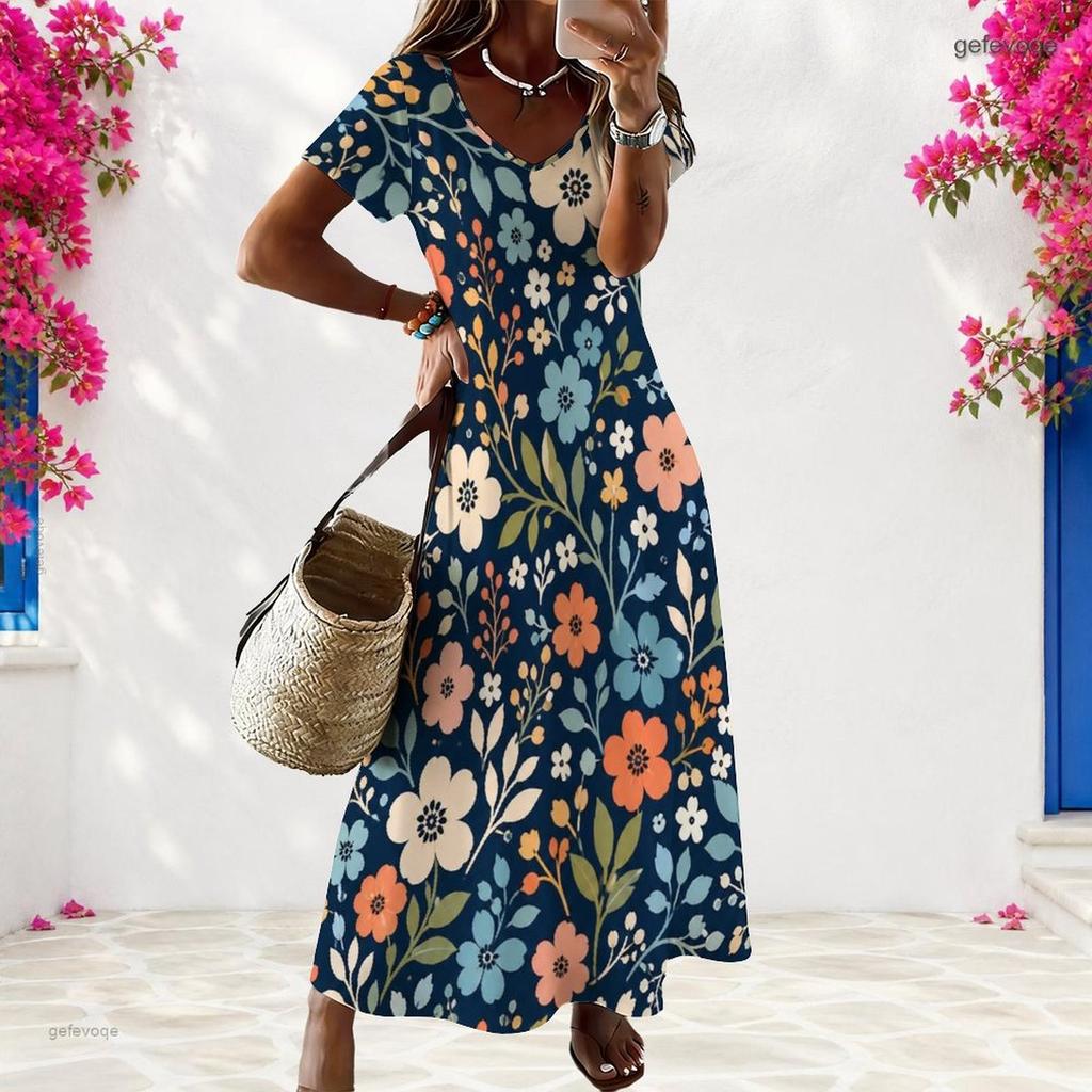 Women Plus Size V Neck Short Sleeve Floral Printed Navy Blue Straight Long Dress