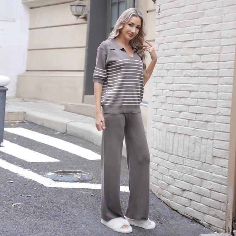 Color Block Knit Top & High-Waisted Wide-Leg Pants Two-Piece Set