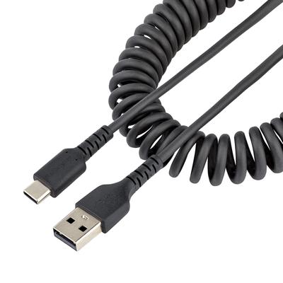 STARTECH To 50cm Coiled Aramid Fiber Male To USB A To USB Type C Curled Black Heavy-Duty USB-A USB-C Cable, (Extendable), Reinforced, Male, 2.0 Cable,