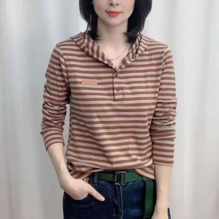 Women's Striped Hooded Long Sleeve Autumn Top - Casual Slim Fit