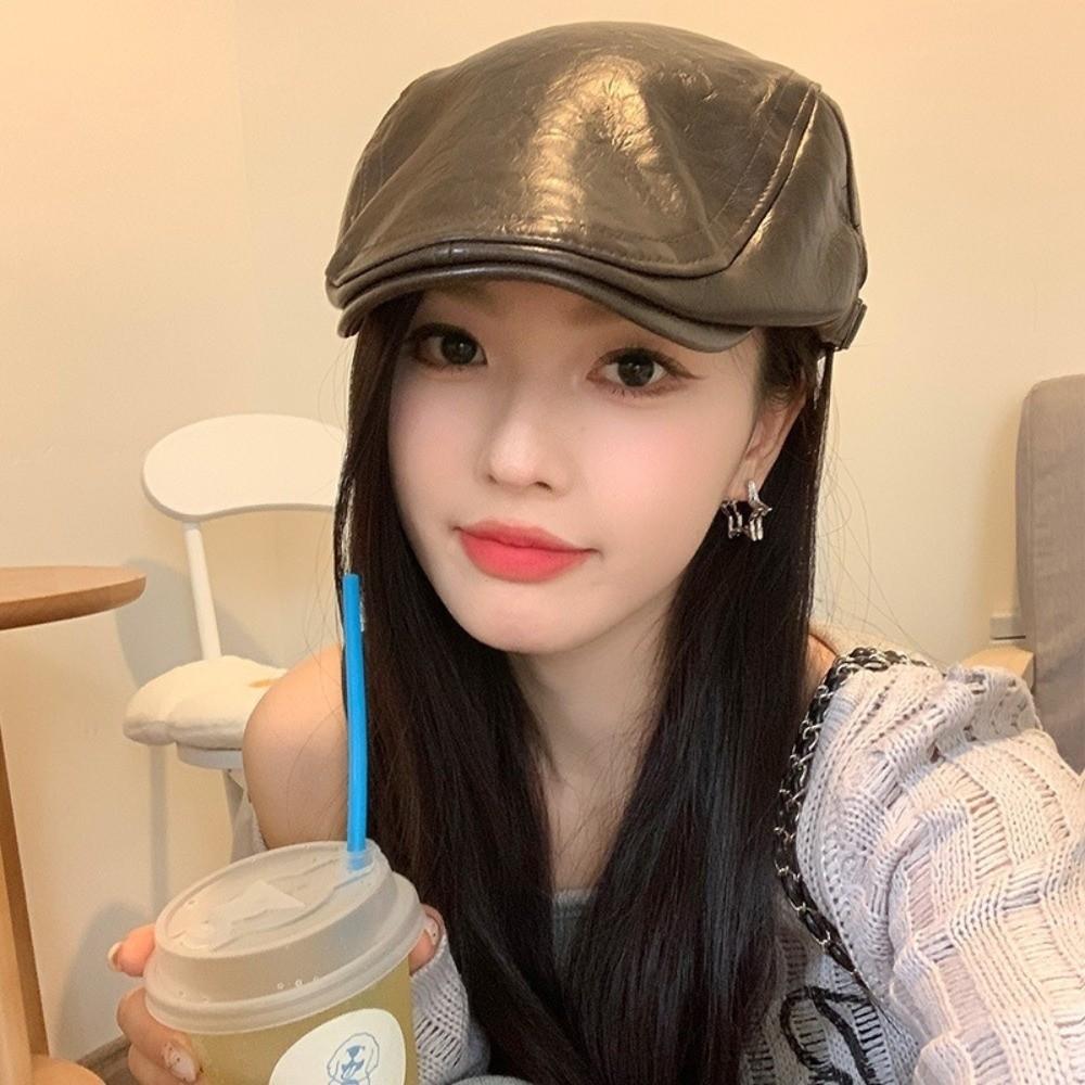 PU Leather Peaked Cap Vintage Newspaper Hat New Sun Hat  Outdoor Sports