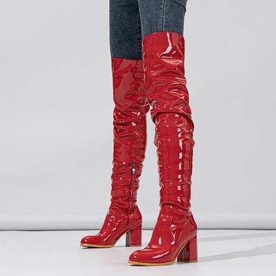 Fashion Liyke Fashion Round Toe Motorcycle Thigh High Boots Women Red Pleated Patent Leather Over The Knee Shoes Zip Autumn Winter Heels