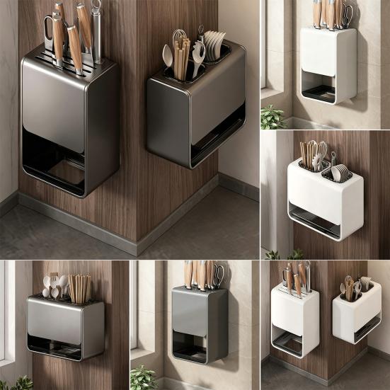 Wall-Mounted Countertop Knife Holder with Drip Tray Space-Saving Carbon Steel Plastic Rack for Kitchen Knives No-Drill Installation Anti-Slip