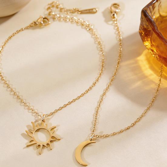 Women Adjustable Bracelet Asymmetrical Sun Moon Design Long Pendant Drop Earrings Face Slimming Jewelry
