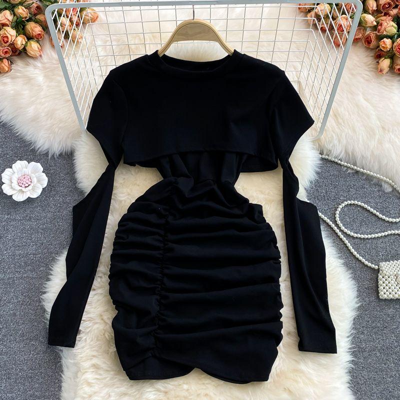 

ARM Ripped Long Sleeves O-neck Short Exposed Navel Smock Top Two-piece Set Pack Sexy Sling Sheath Dress Black One size