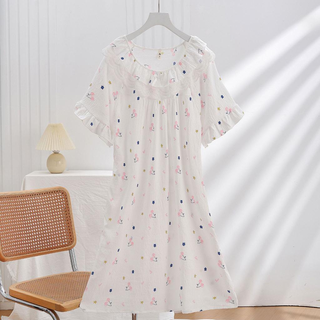 Spot New Women's Spring, Summer and Autumn Clouds Cotton Edge Thin Loose Nightdress Sweet and Cute Loungewear