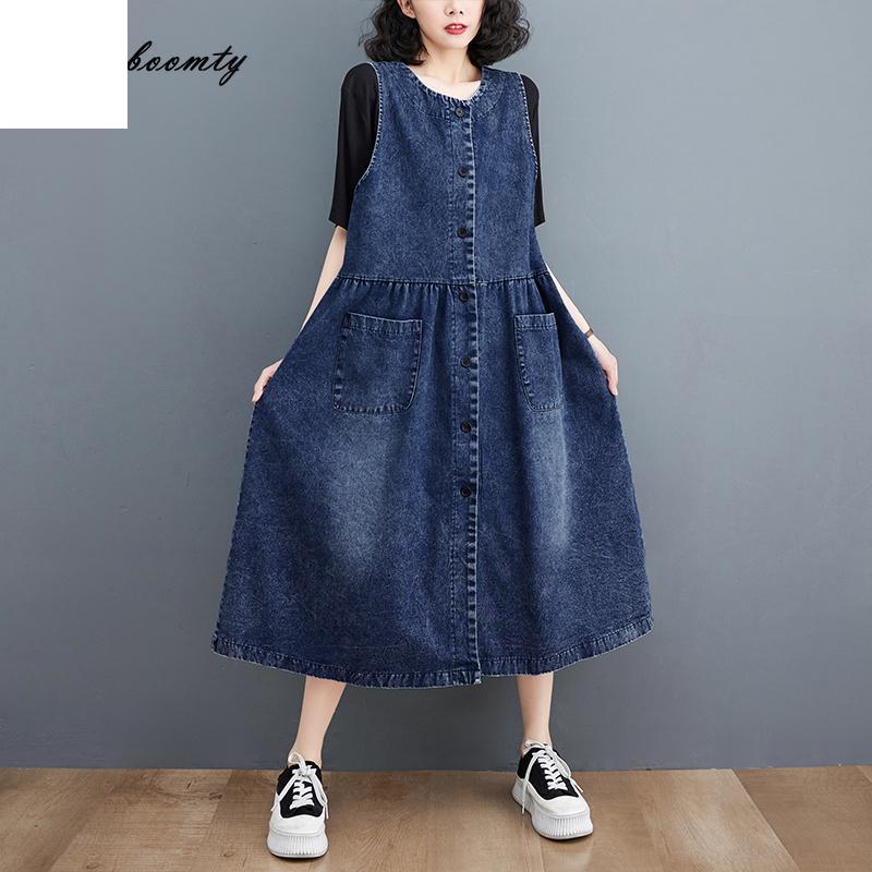 

Плюс размер лето осень женский джинсовый сарафан миди трапециевидной формы с круглым вырезом синий повседневный свободный корейский платье без рукавов элегантные пуговицы негабаритного платья-майки