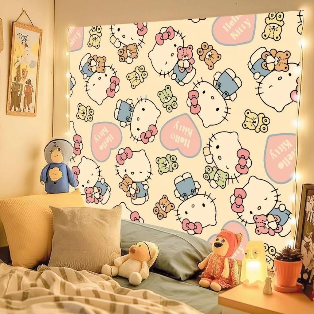 Cute Cartoon Character Tapestry - Kawaii Bow Print Wall Hanging For Girls Bedroom Dorm Decor