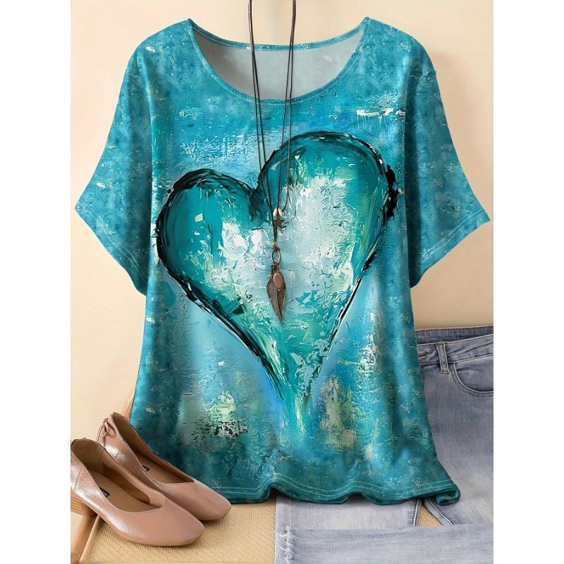 

Women s Plus Size Plus Heart Graffiti Print Short Sleeve Round Neck Casual T-Shirt No Accessories Accessories Not Included S