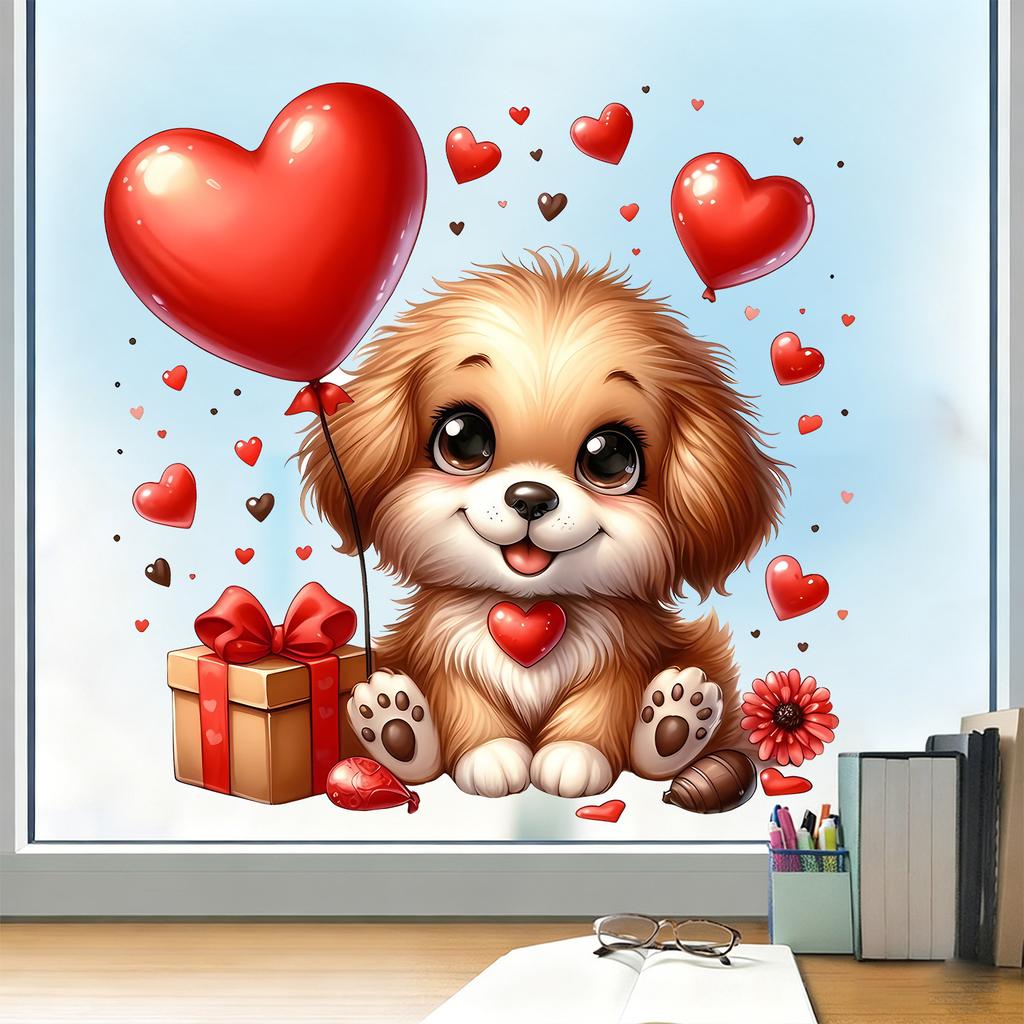 Dog Holding Flowers and Hearts Static Cling Window Stickers No Glue Needed for Bedroom Living Room Balcony Removable Reusable