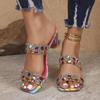 Șlapi cu toc mediu, cu vârf pătrat și strasuri, mărimi mari - Flip-flops cu o baretă și toc gros, pentru femei, stil European American, Colecția Vară 2025