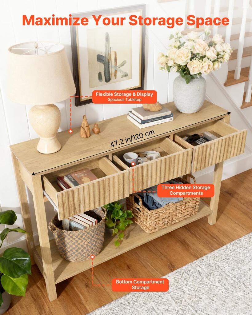 120 Cm Console Table, Farmhouse Desk Behind the Couch with Drawers and Bottom Storage Shelf, Wooden Rectangle Entrance Narrow Sofa Table for Hallway,