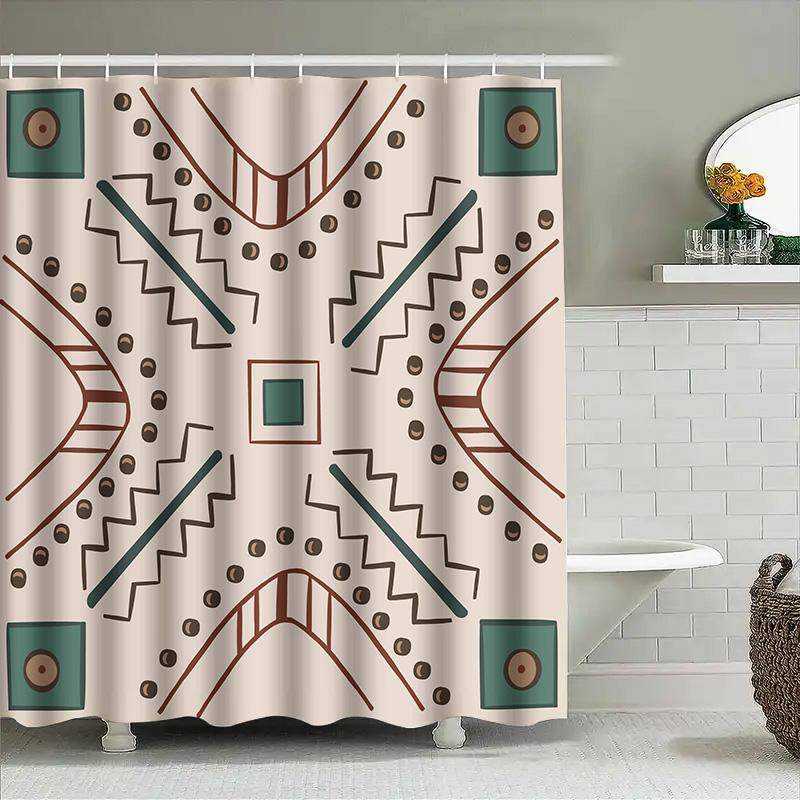 Bathroom Shower Curtain Set with Modern Geometric Print for Home Decor Green Brown Colors, Waterproof Fabric Material, Perfect M