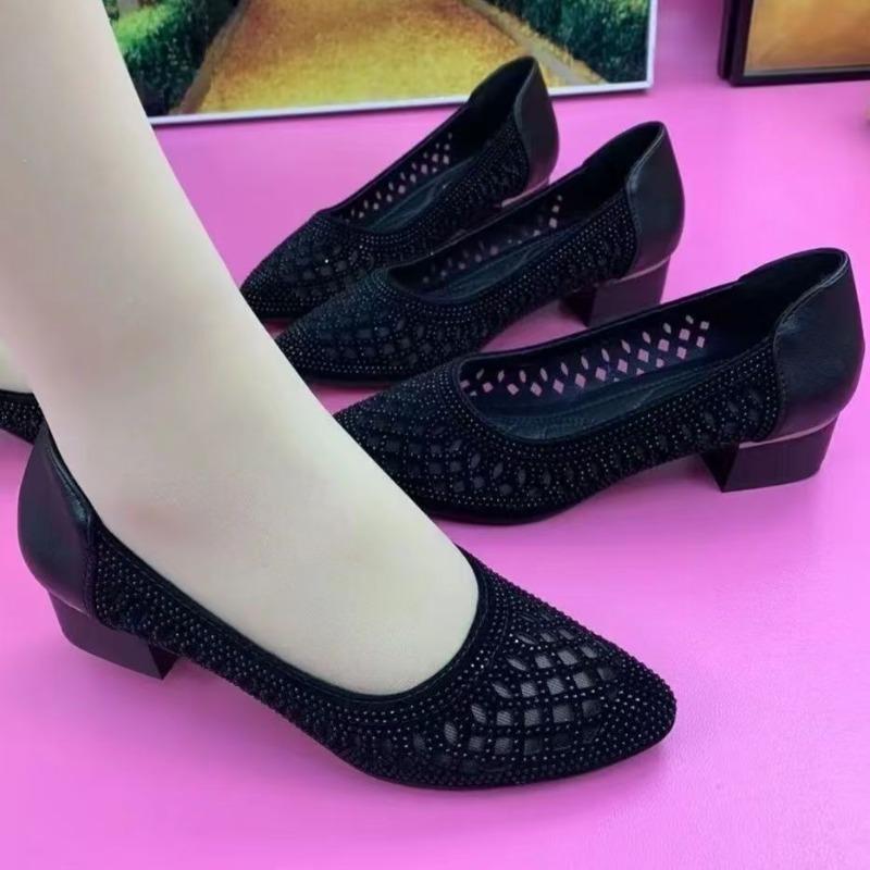 Shoes summer hollow mesh sandals women's new soft-soled non-slip shallow mouth rhinestone comfortable breathable sandals