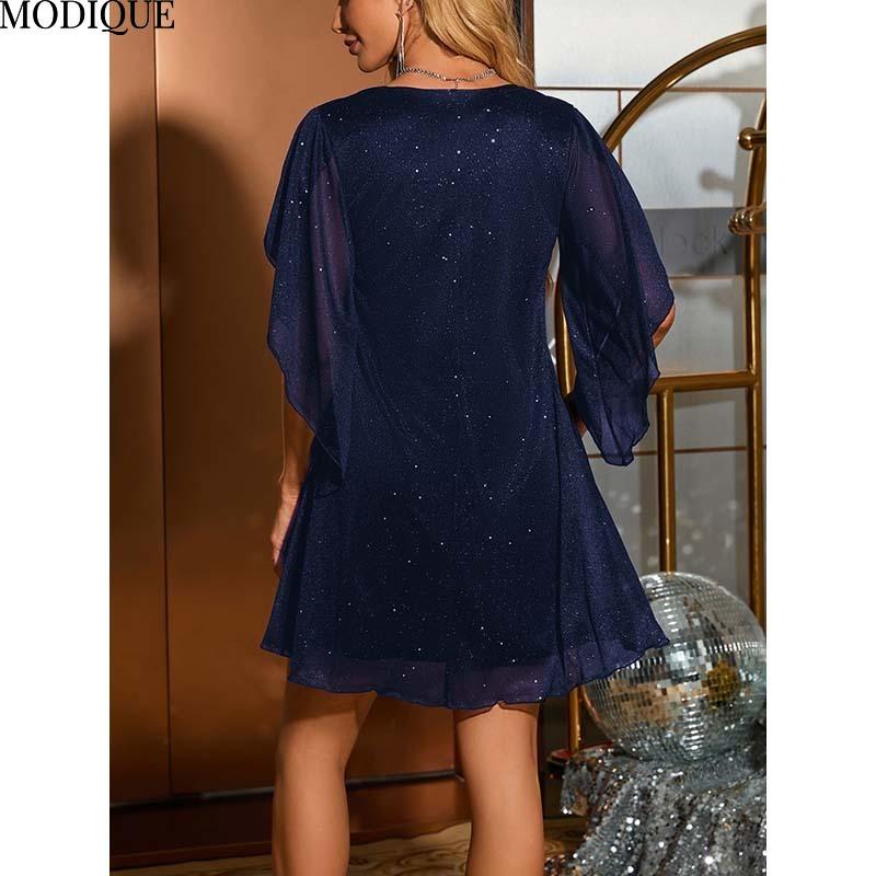 MODIQUE 2025 Summer New Ladies Sexy Elegant Deep V-Neck X-Line Sequin Mesh Cape Sleeve Short Dress