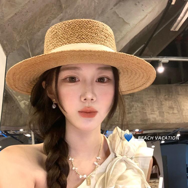 French retro old money wind flat top woven straw hat women's summer seaside vacation sun protection sun hat beach top hat