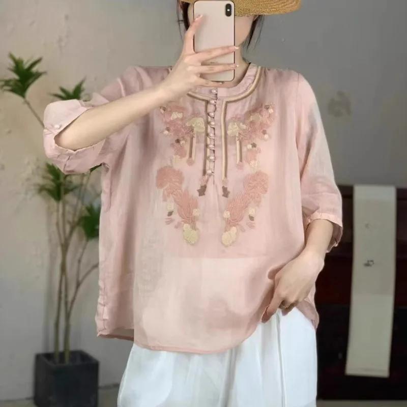 Johnature Women Embroidery Floral Shirts Tops O-Neck Half Sleeve Blouses Summer Vintage Solid Color Shirts