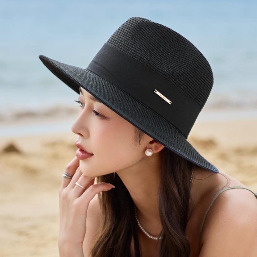 Straw Hat Women's Summer UV Protection Versatile Beach Top Hat Jazz Hat Trendy Breathable Sun Hat