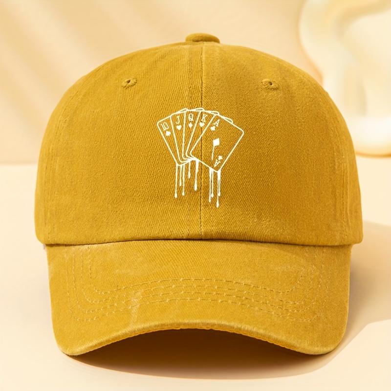 Poker Card Printed Washed Baseball Cap Versatile Classic Curved Brim Hat Suitable For Vacation, Travel, Camping And Leisure