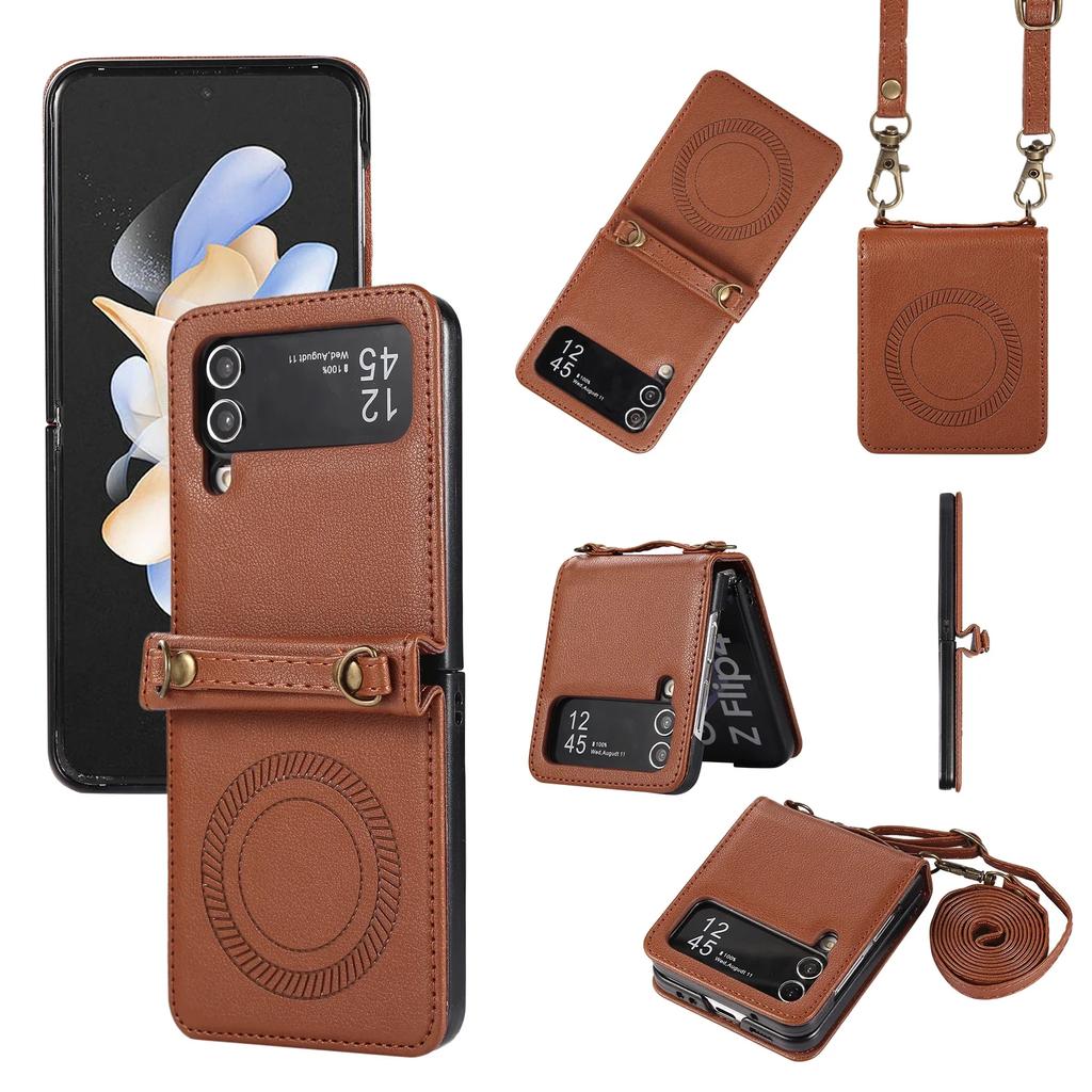 Crossbody Wireless Charge Magnetic Leather Case For Samsung Galaxy Z Flip 6 5 4 3 Flip5 Long Rope Lanyard For Magsafe Cover