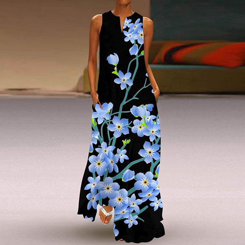 Women's Fashion Summer Spring Floral Print Sleeveless V-Neck Loose Casual Dresses