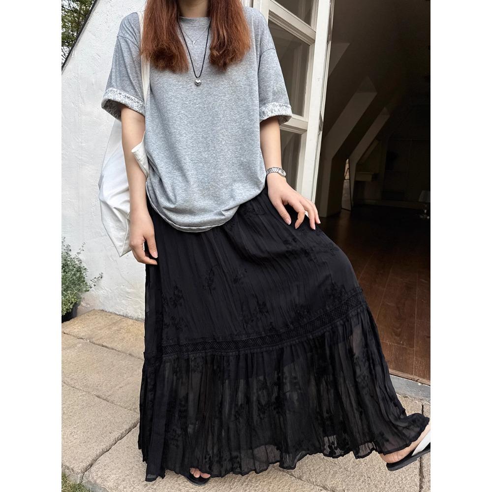 DIMANAF 2025 Summer Women New Skirts Chiffon Lace Solid Elastic Waist Pleated Mesh Elegant Skirts