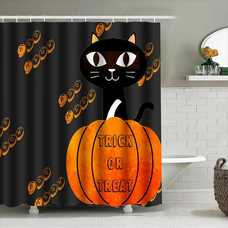 Halloween-Themed Black Cat Pumpkin Shower Curtain Set For Bathroom Decor Orange, White, Yellow Accents (No Additional Descriptio