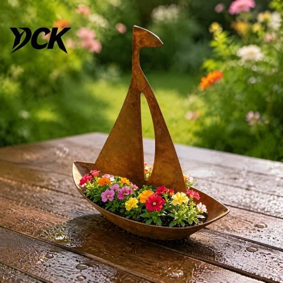 Vintage Style Garden Ornament Rustic Iron Sailboat Planter, Metal Nautical Flowerpot for Succulents Herbs, Unique Gift Gardeners 3D Boat Shaped Flower