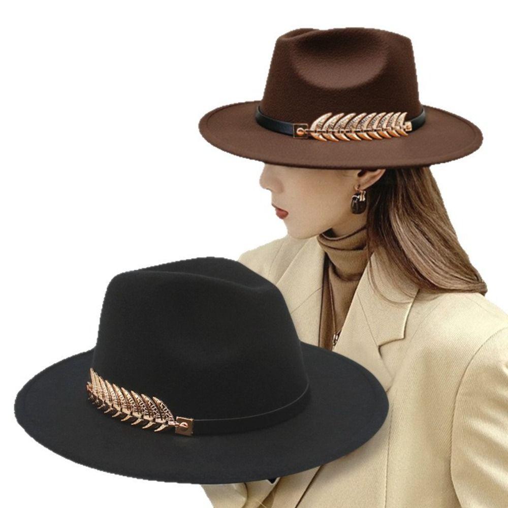 Leaf Decoration Woolen Hats Formal Occasion British Vintage Hats Fashion Fedora Hat  Men Women