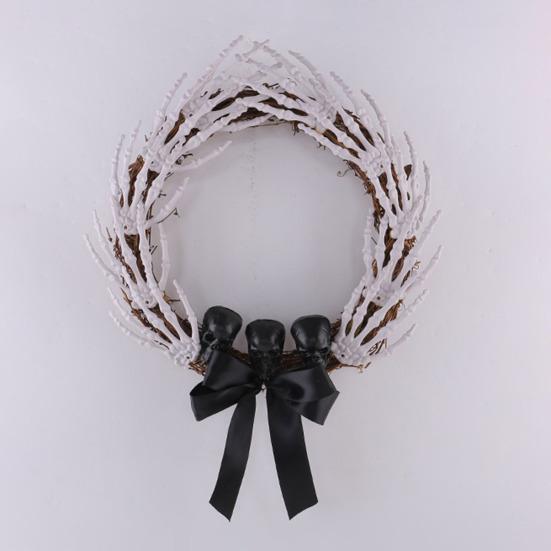 White Bone Garland Halloween Skeleton Hand Wreath for Front Door, Gothic Spooky Hanging Decoration Rattan with Black Bow And Skulls Door Wall Holiday
