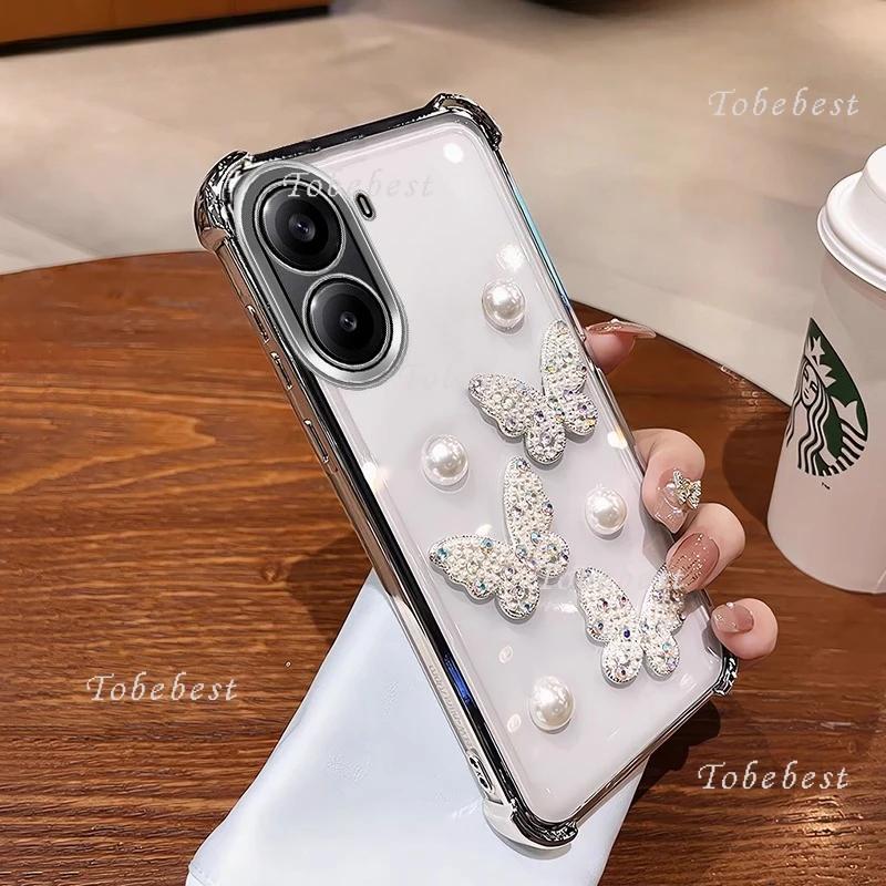 3D Perlen Schmetterling Stoßfestes Beschichtetes Silikonhülle für Xiaomi Redmi Turbo 4 3 Pro A5 A3 A1 Klare Transparente Rückseite