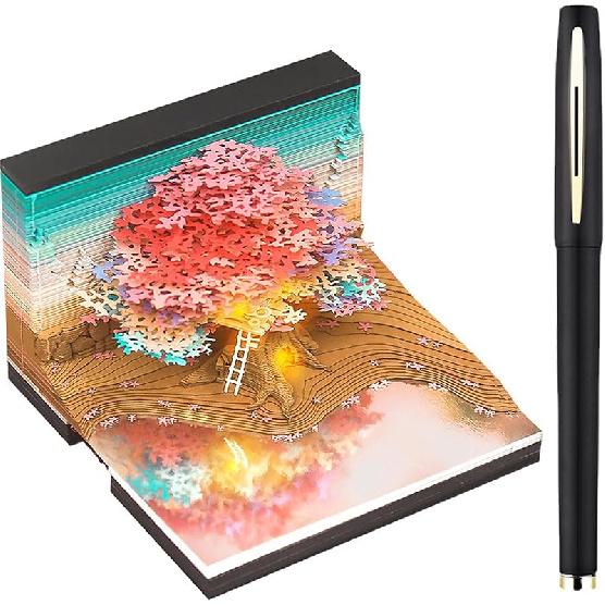 3D Desk Calendar 2025,Time Piece Calendar 2025,Tear-Away 3D Paper Art Notepad w LED Lights,Creative 3D Memo Artsy Pad Calendar, DIY Paper Carving