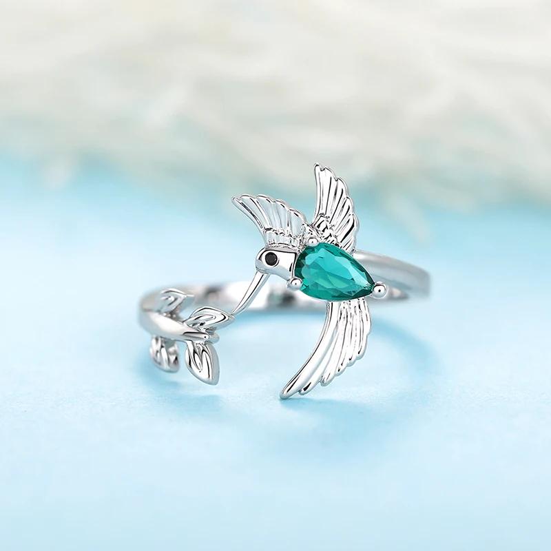 Huitan Gorgeous Lovely Bird Opening Ring for Women Creative Delicate Finger Accessories with Green CZ Trendy Fancy Party Zircon