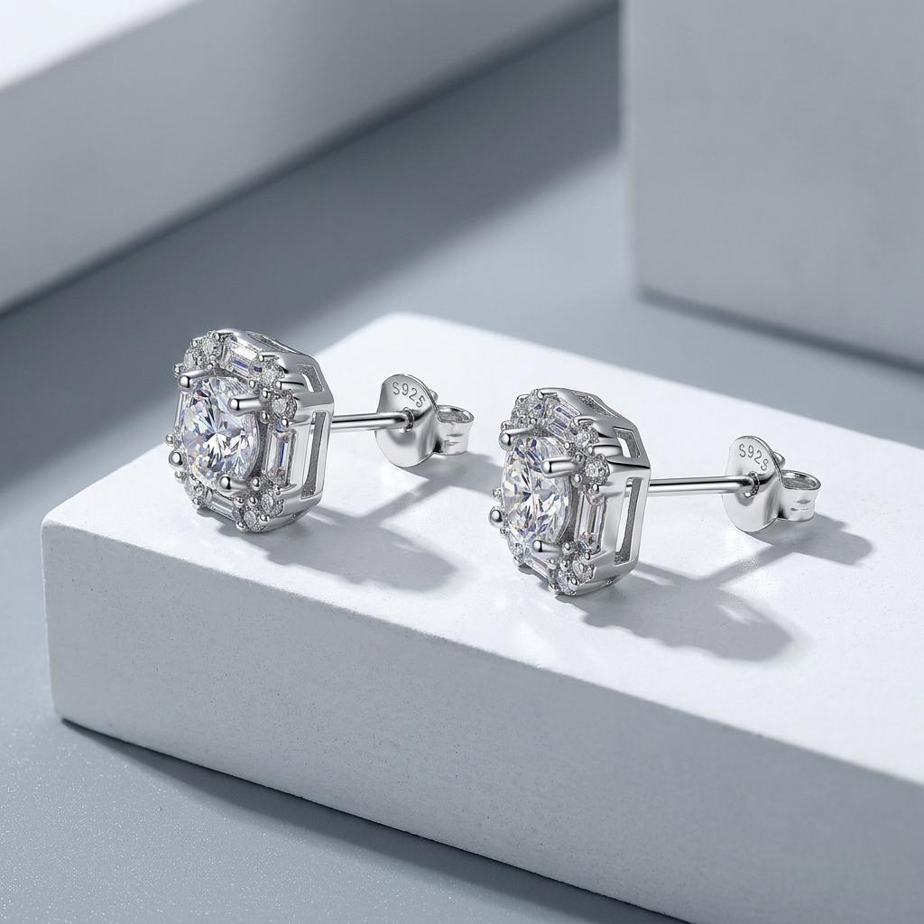 S925 Sterling Silver Platinum Plated Luxury Moissanite Stud Earrings with Square Halo Round Brilliant Cut for Women