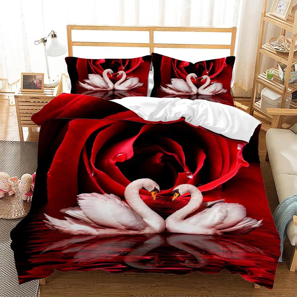 3D White Swan Bedding Set Red Floral Rose Printed Duvet Cover Set Cute Animal Super Soft Polyester Covers Gift For Lover