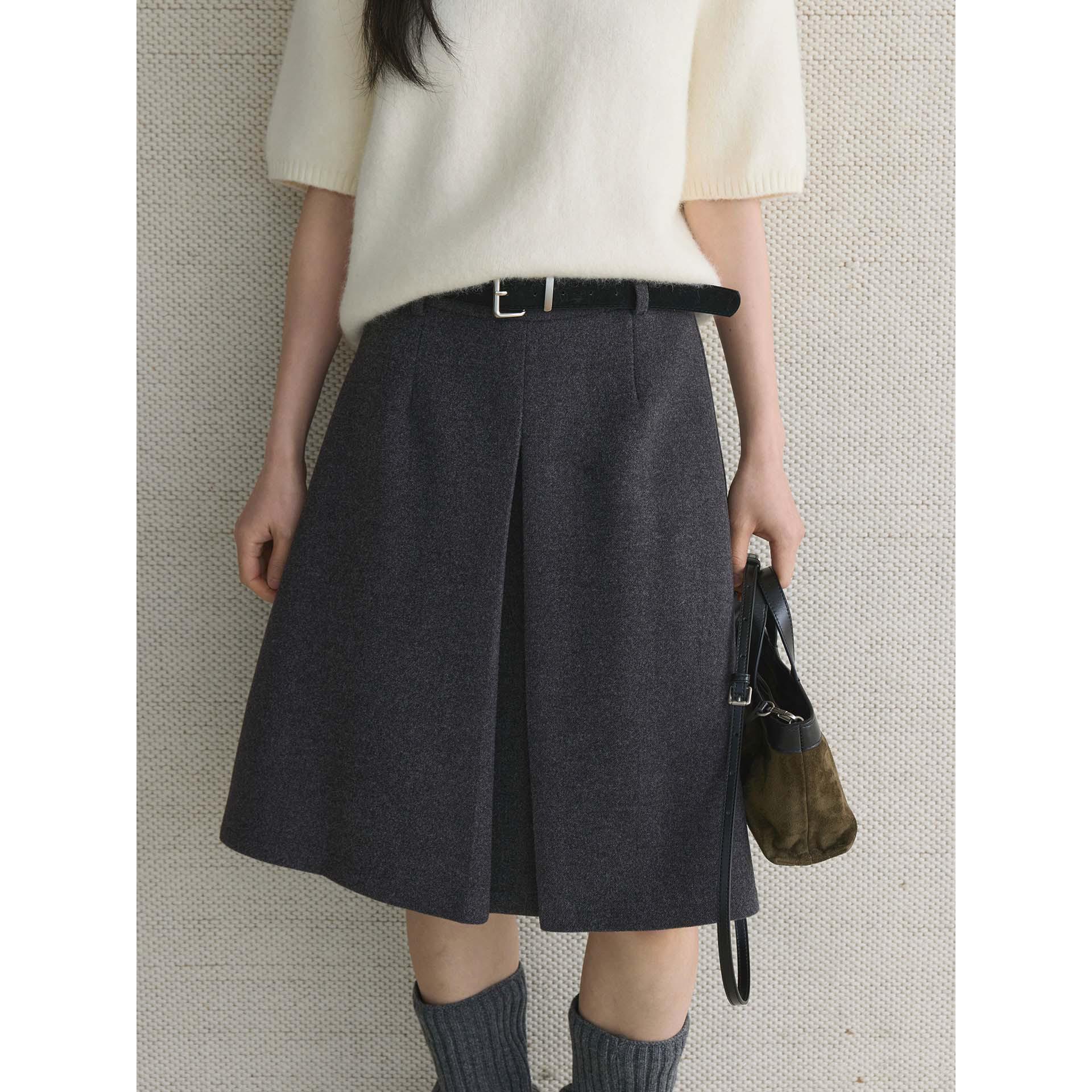 Korean Style Retro Pleated Woolen A-line Midi Skirt with Belt for Women L темно-серого
